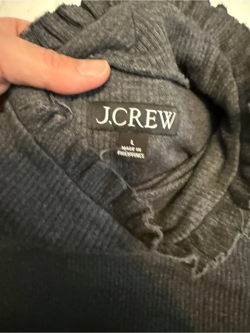 Dark gray J. Crew vintage rib ruffle mockneck shirt. Large. EUC.